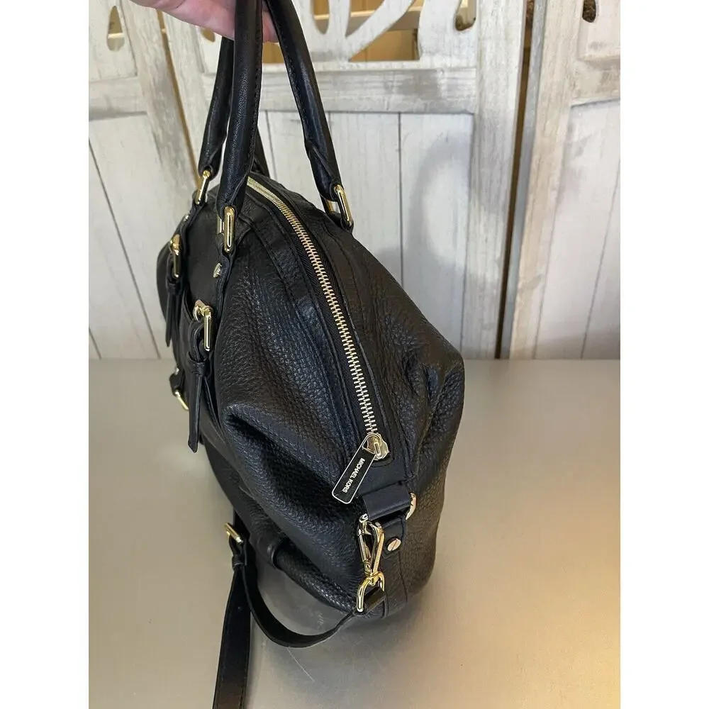 Michael Kors Bedford Bowling Medium Black Leather Satchel Bag Crossbody Strap